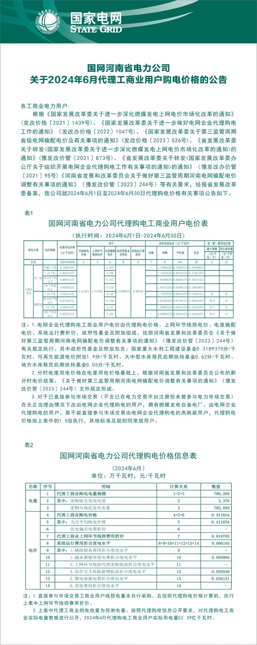 國網河南省電力公司2024年6月代理購電價格公告